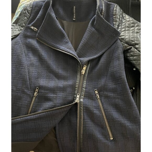 W118‎ Walter Baker Blue Tweed Check Coat Black Faux Leather Quilted Moto Jacket - Picture 10 of 12